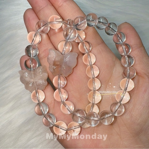Clear Quartz with Butterfly Cherry Blossom Agate Bracelet 9mm - Picture 2 of 10